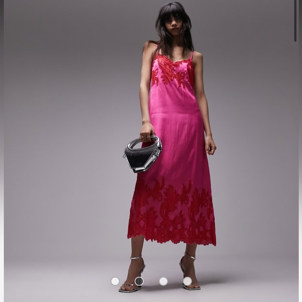 Topshop Lace Trim Satin Slipdress Hot Pink Red Lace 8